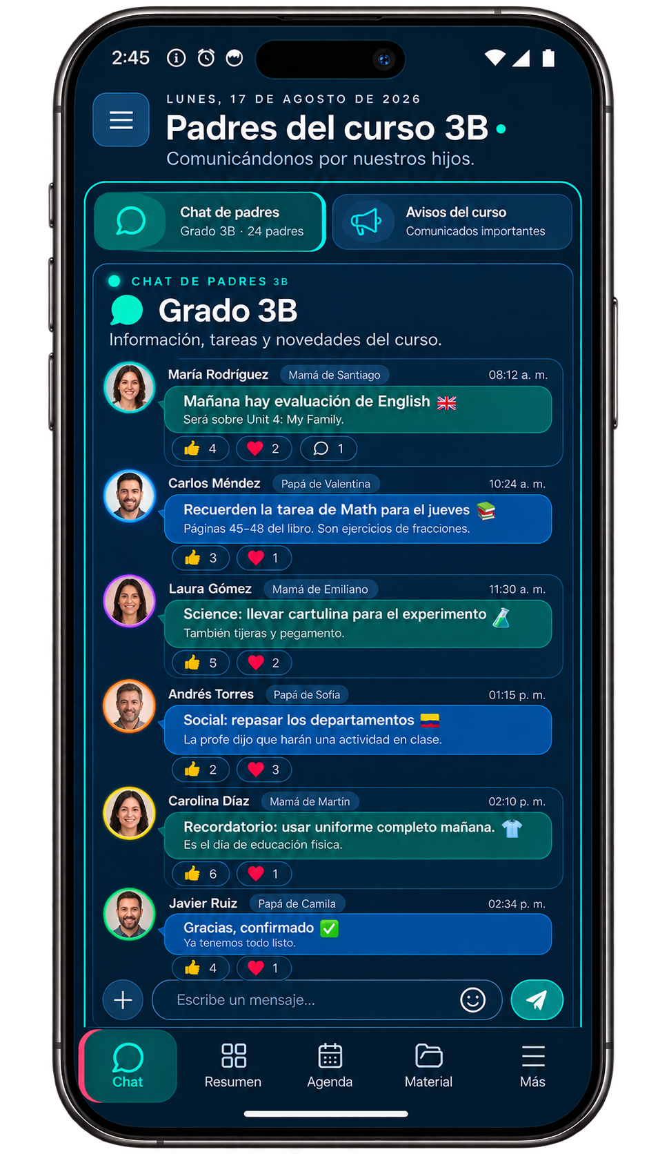 Chat grupal escolar con IA