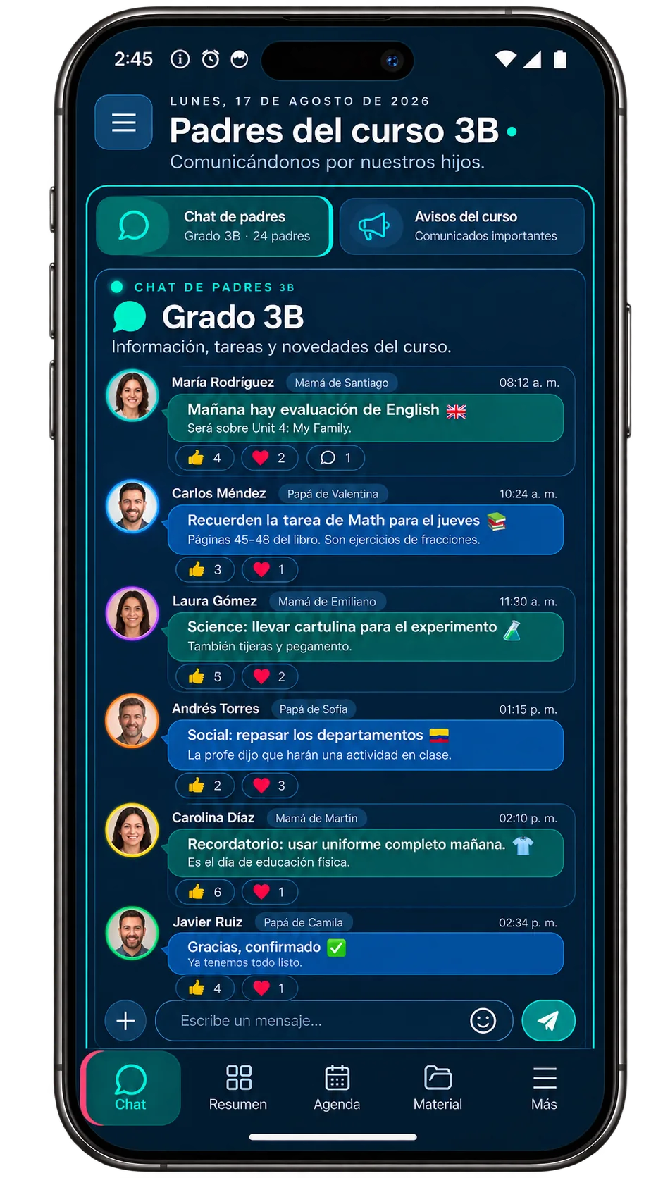 Chat de padres del curso 3B con tareas y avisos