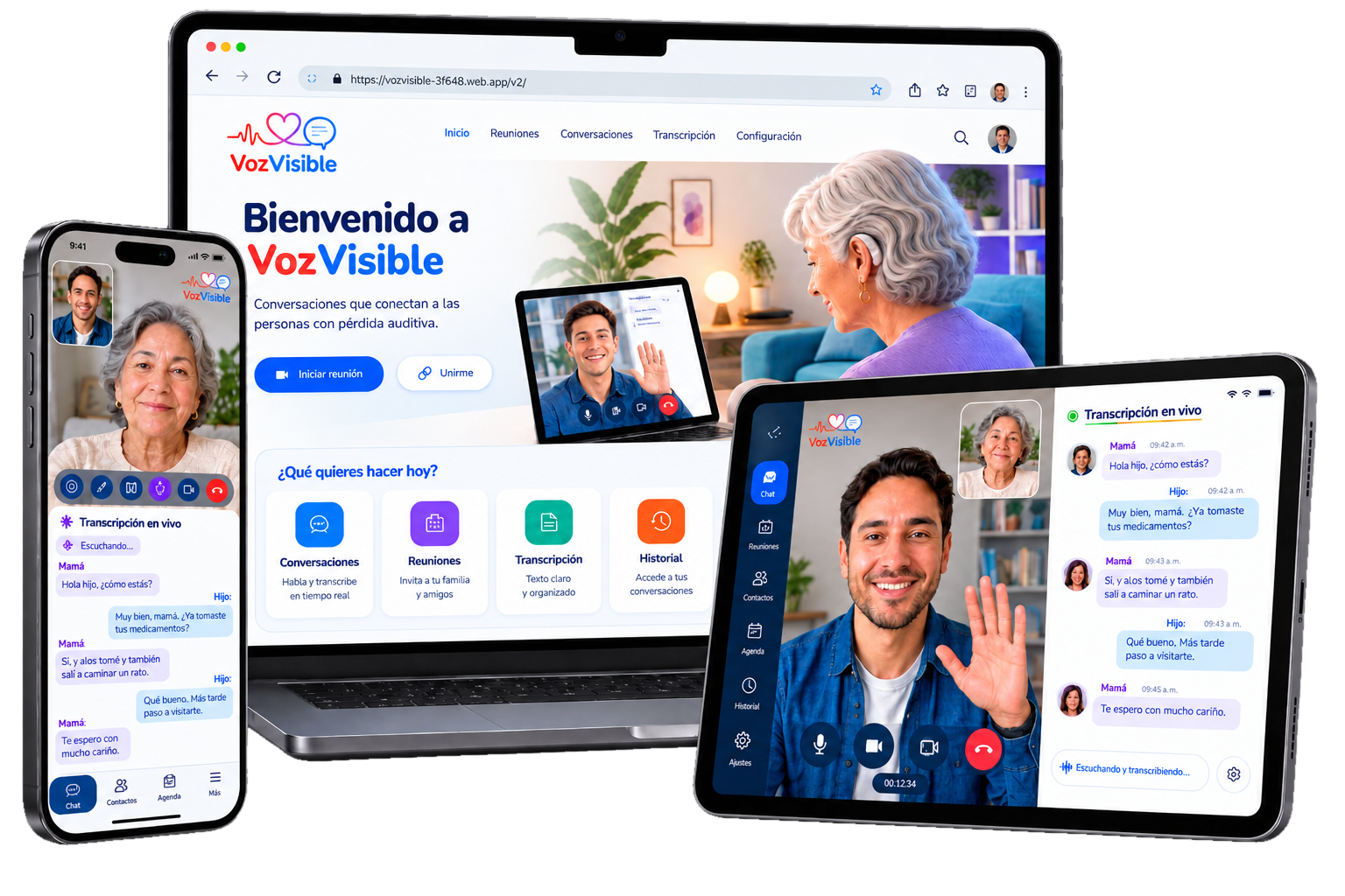 VozVisible en iPhone, tablet y web con transcripción en vivo
